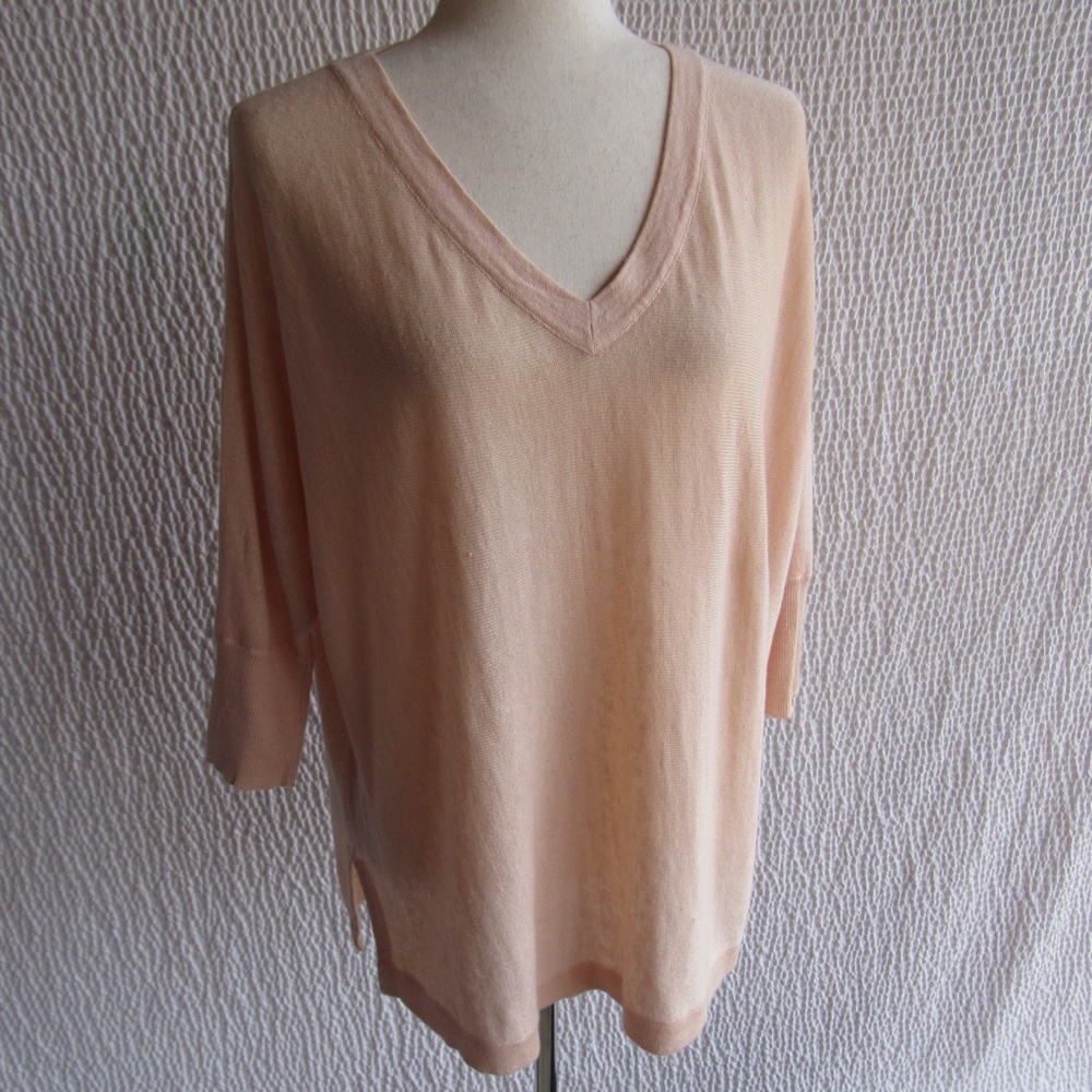 Garnet Hill Lightweight Linen Pullover Sweater XS Lagenlook Vneck 3/4  Pink